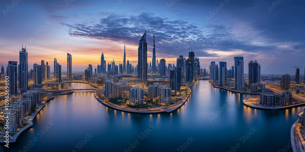 Naklejka premium Modern City Skyline with Office Buildings and Drone View at Sunset