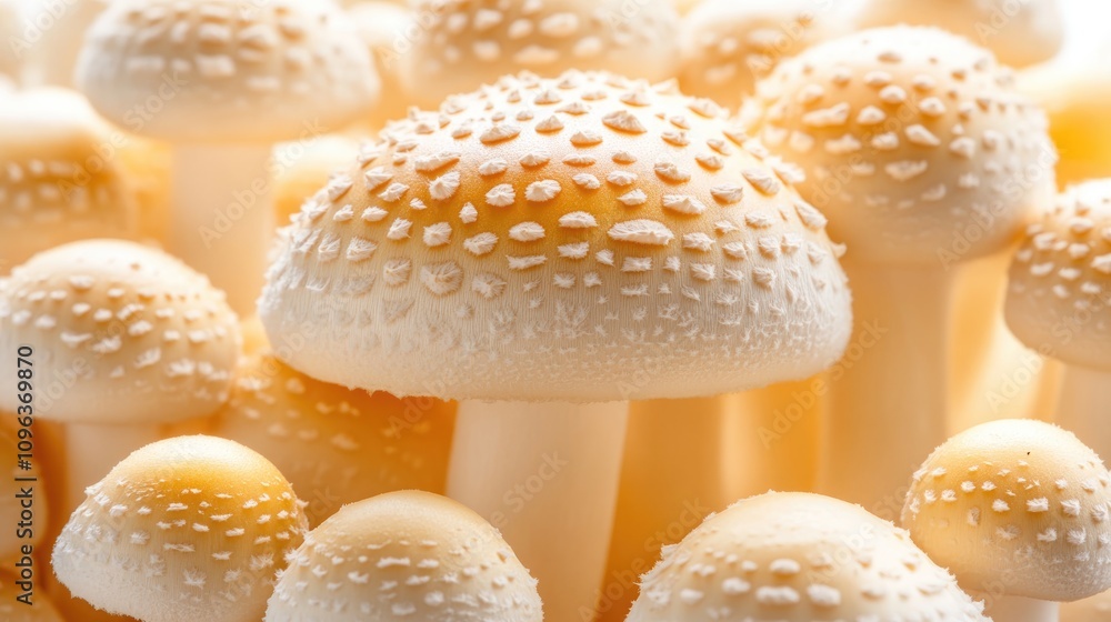 Distinctive edible mushroom cluster featuring characteristic umbrella shapes and varying heights, showcasing a textured, slightly domed cap.