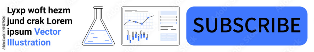 Laboratory beaker, financial charts, and subscribe button depicted with text and gentle colors. Ideal for marketing, analytics, subscriptions, finance, data analysis, scientific research, business Laboratory beaker, financial charts, and subscribe button depicted with text and gentle colors. Ideal for marketing, analytics, subscriptions, finance, data analysis, scientific research, business