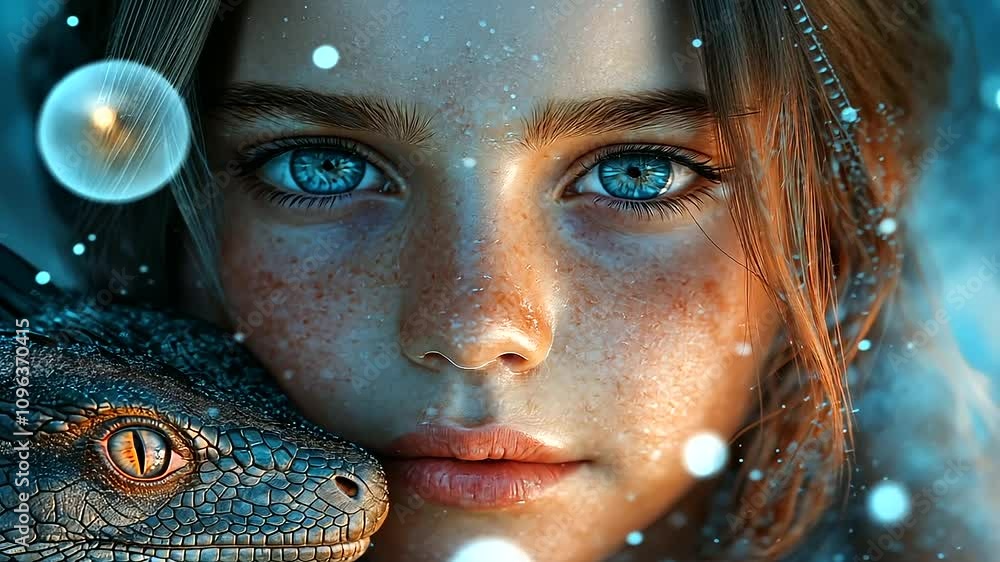 A detailed photorealistic portrait of a 10-year-old girl with light brown hair and bright blue eyes, holding a small dragon. Her eyes are filled with wonder as the dragon curls aro A detailed photorealistic portrait of a 10-year-old girl with light brown hair and bright blue eyes, holding a small dragon. Her eyes are filled with wonder as the dragon curls aro