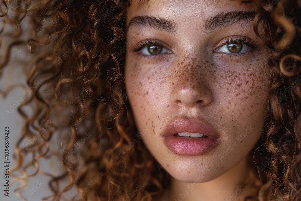 Close up portrait of beautiful young woman with freckles and curly ginger hair Close up portrait of beautiful young woman with freckles and curly ginger hair