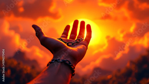 Sunset Freedom: A Hand Reaching for the Sun, Breaking Free from photo