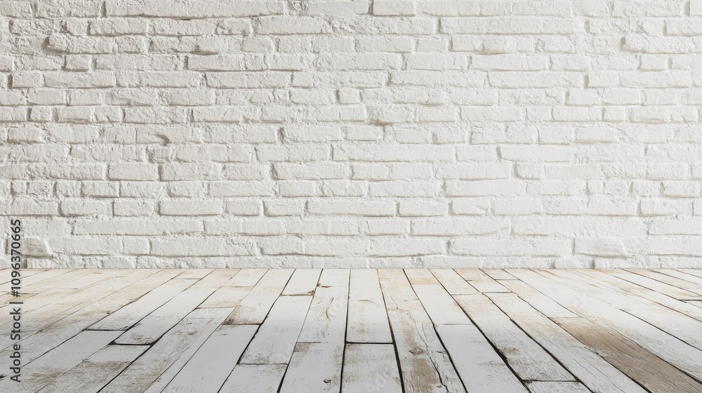 Rustic interior space showcasing a textured white brick wall against a weathered wooden floor, creating a warm and inviting atmosphere. Rustic interior space showcasing a textured white brick wall against a weathered wooden floor, creating a warm and inviting atmosphere.
