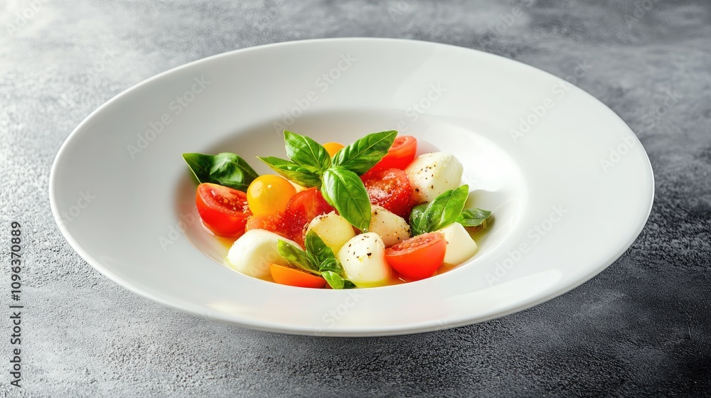 Classic caprese salad on a white plate with fresh tomatoes, mozzarella, and basil leaves, beautifully displayed against a gray concrete backdrop. Classic caprese salad on a white plate with fresh tomatoes, mozzarella, and basil leaves, beautifully displayed against a gray concrete backdrop.