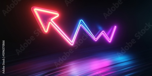 A vibrant, glowing neon arrow pointing upward, vividly representing progress, growth, and success within a fastpaced, dynamic digital landscape full of potential and opportunities