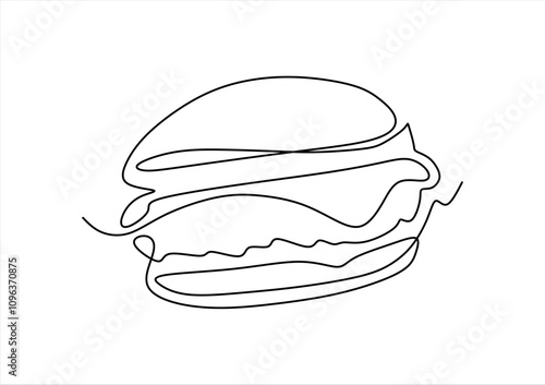 Continuous one line drawing of burger. Single line drawing of hamburger . Silhouette of fast food restaurant burger with cheese, cutlet and salad. Modern design street food logo, banner