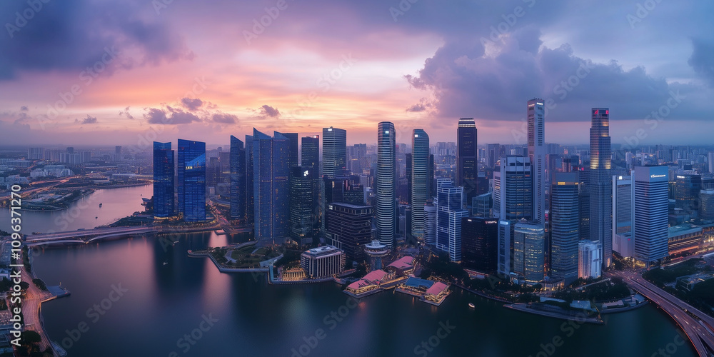 Fototapeta premium Modern City Skyline with Office Buildings and Drone View at Sunset