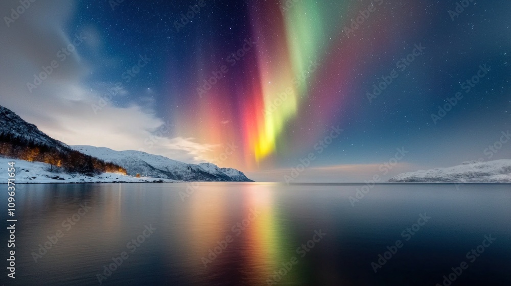 Breathtaking View of Northern Lights Reflecting Over Calm Waters at Dusk with Vibrant Colors Illuminating the Starry Sky and Scenic Landscape Breathtaking View of Northern Lights Reflecting Over Calm Waters at Dusk with Vibrant Colors Illuminating the Starry Sky and Scenic Landscape