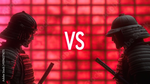Two samurai figures face off against a vibrant red background, highlighting a dramatic 