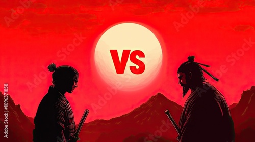 A striking illustration of two warriors facing off under a vibrant red sun, capturing the essence of a duel.