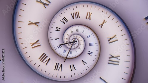 Abstract modern white spiral clock dial with arabic numerals. Concept of Infinite time, deadline, scheduling, time and space, past, present and future.