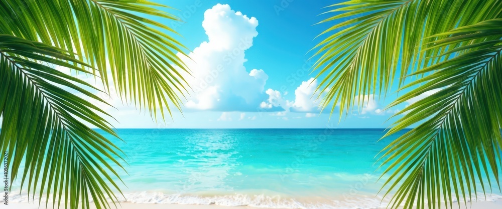 Tropical palm leaves framing a turquoise ocean view with ample copy space for beach party invitations or summer vacation advertisements. Tropical palm leaves framing a turquoise ocean view with ample copy space for beach party invitations or summer vacation advertisements.