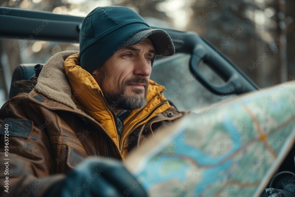 A focused man in winter attire navigates his route with a map inside a convertible, set against a scenic forest backdrop. A focused man in winter attire navigates his route with a map inside a convertible, set against a scenic forest backdrop.