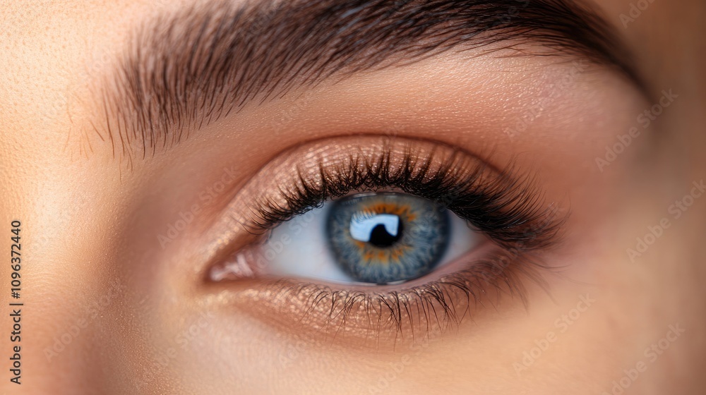 Close-up of a perfectly shaped eyebrow and captivating blue eye with delicate makeup highlighting natural beauty and elegance. Close-up of a perfectly shaped eyebrow and captivating blue eye with delicate makeup highlighting natural beauty and elegance.