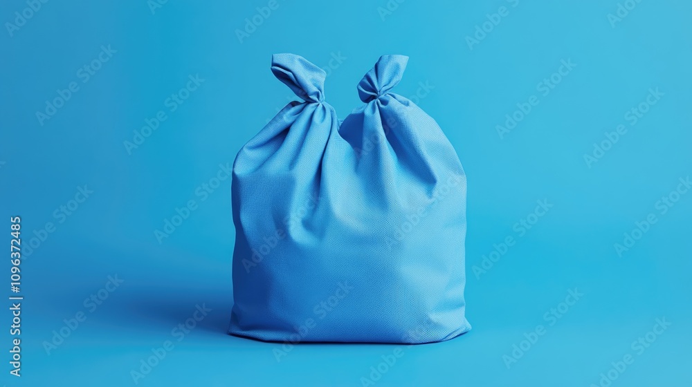 Blue fabric bag mockup on a vibrant blue backdrop showcasing a soft, textured surface and a tied top design, ideal for brand presentations. Blue fabric bag mockup on a vibrant blue backdrop showcasing a soft, textured surface and a tied top design, ideal for brand presentations.