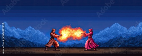 Two fighters stand opposite each other, conjuring fire in a dramatic, pixel-art battle set against a mountain backdrop.