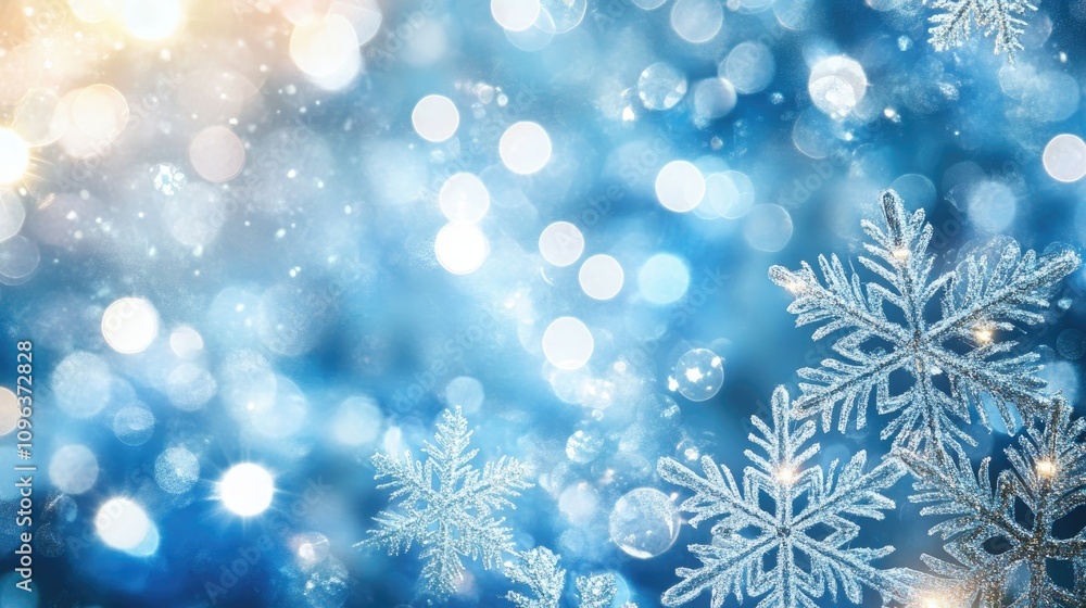 Luminous blue and white frost lights form a sparkling background, featuring delicate snowflakes intricately designed among radiant bokeh effects. Luminous blue and white frost lights form a sparkling background, featuring delicate snowflakes intricately designed among radiant bokeh effects.
