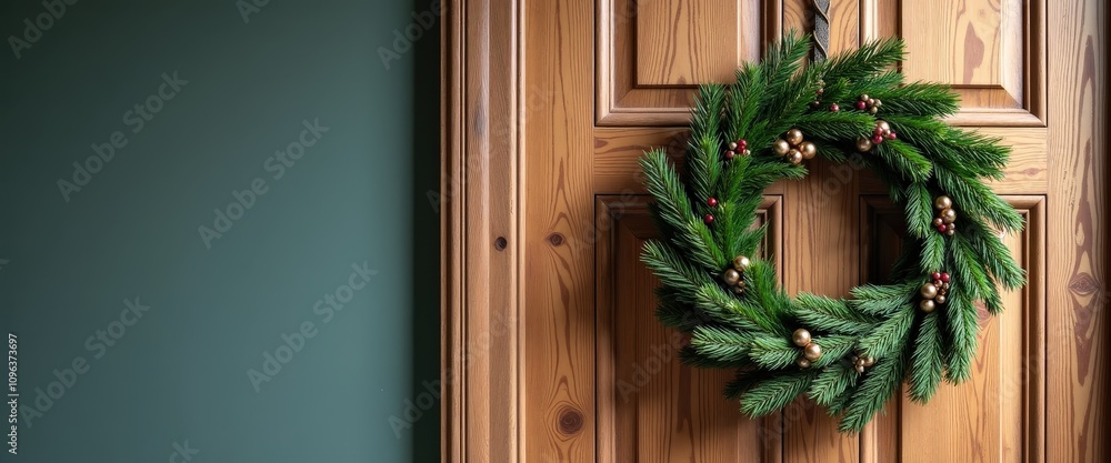 Christmas wreath on a rustic wooden door with ample copy space for holiday event announcements or home decoration promotions. Christmas wreath on a rustic wooden door with ample copy space for holiday event announcements or home decoration promotions.