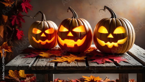 halloween pumpkin on a wooden background, glowing halloween pumpkins on wooden table with autumn leaves, autumn background, halloween