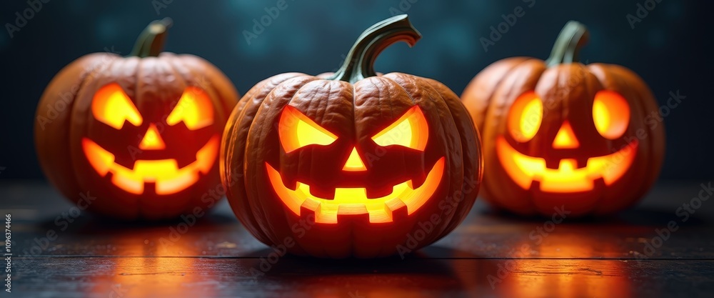 Halloween pumpkins with carved faces glowing in the dark with ample copy space for spooky event promotions or trick-or-treat announcements. Halloween pumpkins with carved faces glowing in the dark with ample copy space for spooky event promotions or trick-or-treat announcements.