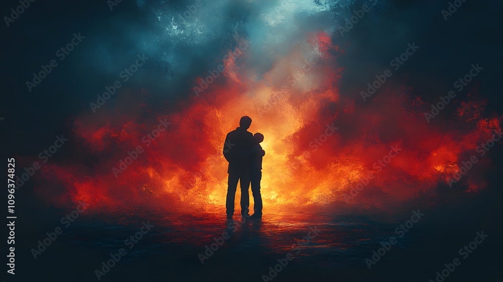 Abstract watercolor representation of a father hugging his son, vibrant yet emotional strokes Abstract watercolor representation of a father hugging his son, vibrant yet emotional strokes
