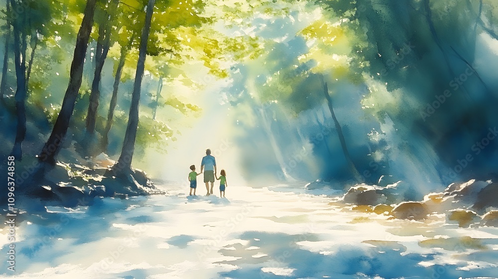 Watercolor sketch of a father and son gardening together, fresh green tones, sunny atmosphere Watercolor sketch of a father and son gardening together, fresh green tones, sunny atmosphere