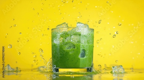 Refreshing green smoothie with ice splashing in a glass, vibrant yellow backdrop highlighting its detoxifying and vitamin-rich qualities. photo