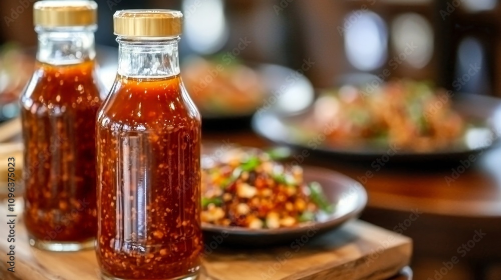 Gourmet Condiments in Bottles on a Wooden Table Gourmet Condiments in Bottles on a Wooden Table