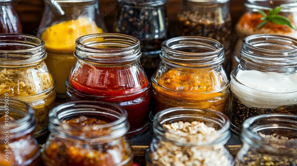 Colorful Variety of Jars Filled with Different Condiments