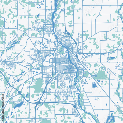 Map of Saint Cloud in Minnesota in a professional blue style. Contains layered vector with roads water, parks, etc.