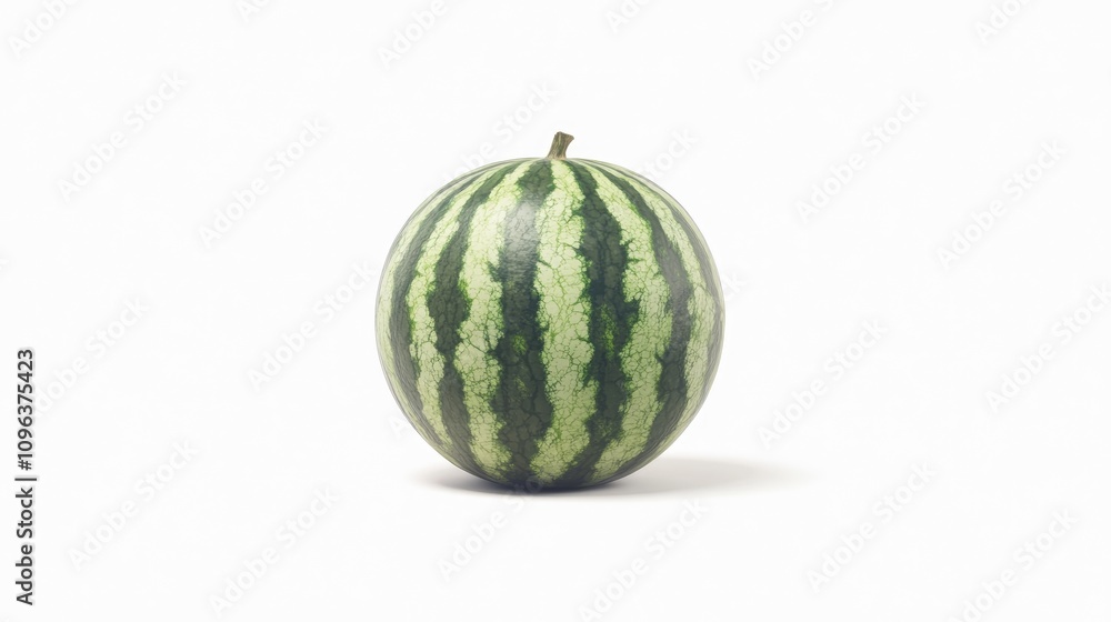 Ripe watermelon with distinctive green stripes resting on a white background, showcasing its smooth, shiny surface and natural curves. Ripe watermelon with distinctive green stripes resting on a white background, showcasing its smooth, shiny surface and natural curves.