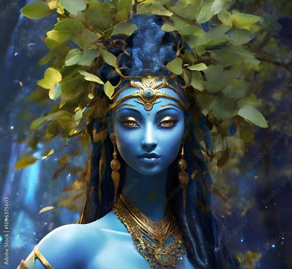 portrait of imagination Eyva tree goddess decorated golden jewelry. close up. Ai generated