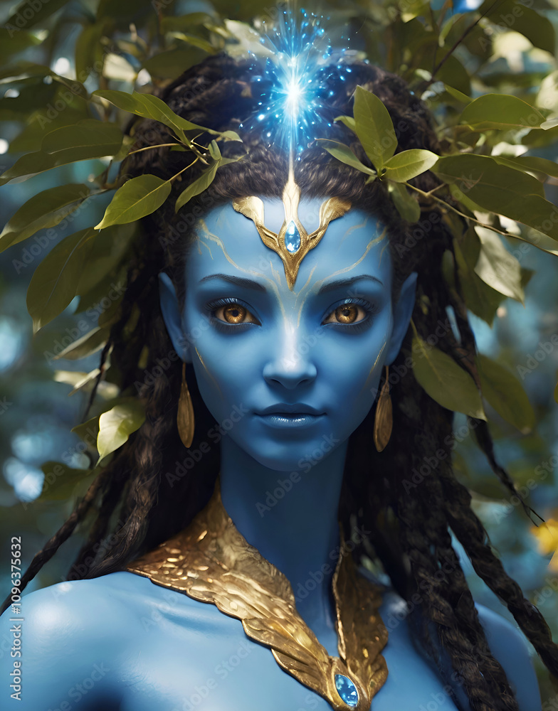 portrait of imagination Eyva tree goddess decorated golden jewelry. close up. Ai generated