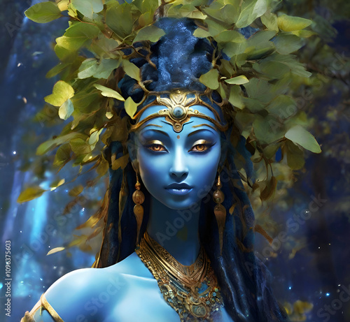 Obraz na płótnie portrait of imagination Eyva tree goddess decorated golden jewelry. close up. Ai generated w salonie