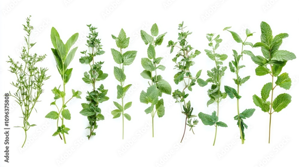 Collection of freshly cut mint leaves in various shades of green displayed on a clean white background, showcasing their textures and shapes. Collection of freshly cut mint leaves in various shades of green displayed on a clean white background, showcasing their textures and shapes.