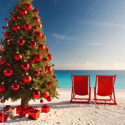 New Year's tree decorated with red decorations on a beautiful beach, New Year's celebration on the beach with a view of the blue sea and palm trees