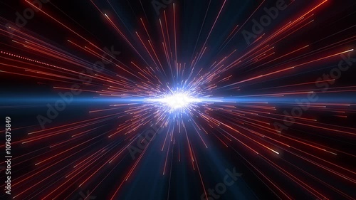 Bright radial light beams. Abstract background in red neon glow color. Light burst in universe. Space background for event, party, carnival, celebration, anniversary or other.