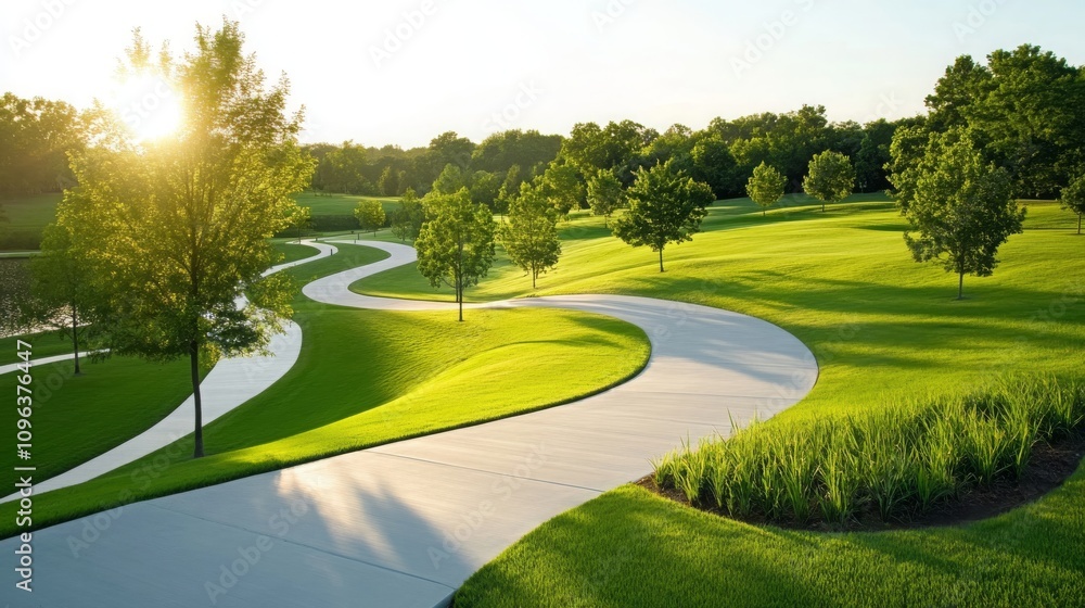 Fototapeta premium Serene Winding Park Path Lush Green Landscape Sunny Day