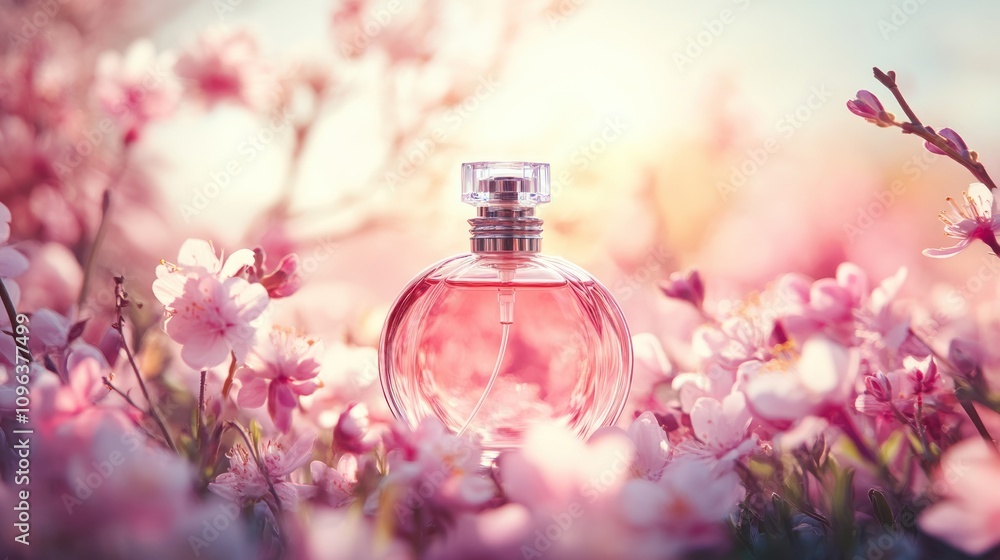 A perfume bottle surrounded by delicate pink flowers, evoking beauty and fragrance. A perfume bottle surrounded by delicate pink flowers, evoking beauty and fragrance.