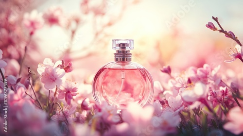 A perfume bottle surrounded by delicate pink flowers, evoking beauty and fragrance.