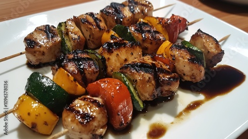 Grilled chicken and colorful vegetable skewers topped with a tangy balsamic dressing on a white plate, showcasing a delicious barbecue dish. photo