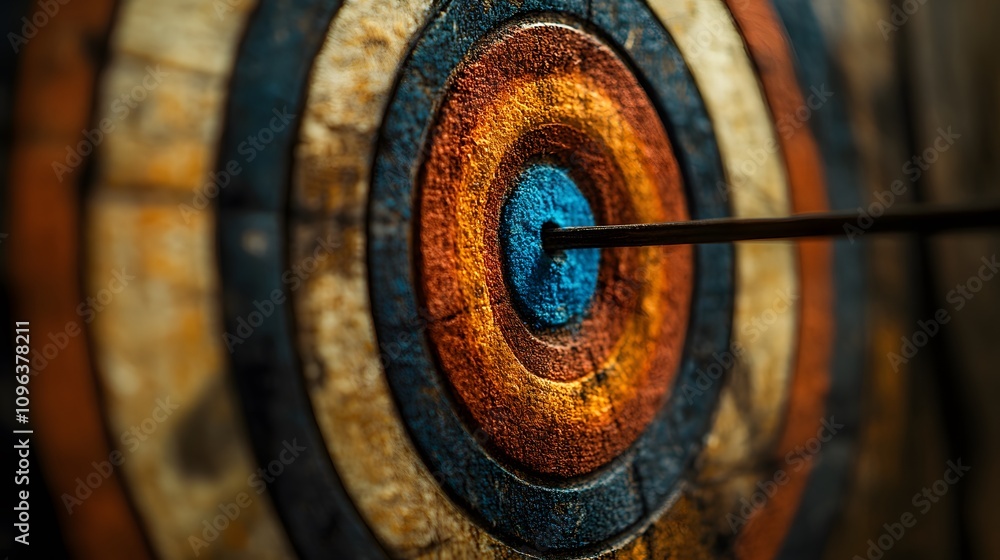 Three arrows perfectly hitting the center of a target board, concept of precision and business goals met Three arrows perfectly hitting the center of a target board, concept of precision and business goals met