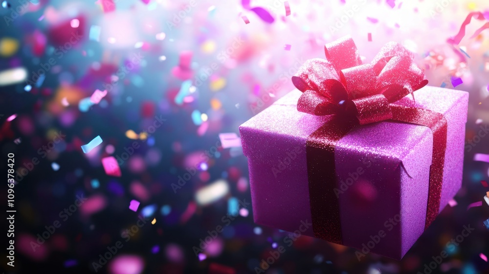 Colorful Floating Gift Surrounded by Confetti Colorful Floating Gift Surrounded by Confetti