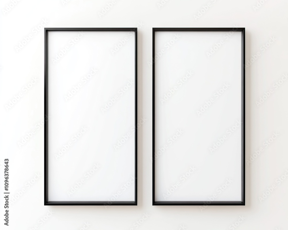 Two minimalist black frames against a white wall, ready for artwork or photographs, emphasizing simplicity and style. Two minimalist black frames against a white wall, ready for artwork or photographs, emphasizing simplicity and style.