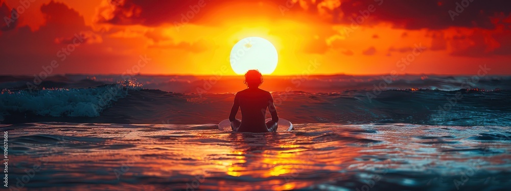 Surfer at Sunset with Red Sky and Sun Surfer at Sunset with Red Sky and Sun