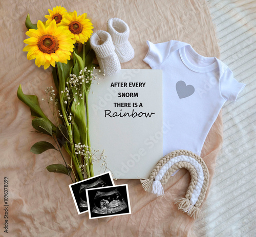 Rainbow baby. Birth announcement template. Pregnancy announcement. mockup Blank white onesie and yellow flowers.  flat lay.  it's a girl. Mocha Mousse photo