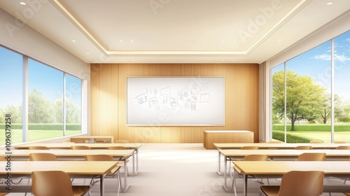 Bright Classroom with Whiteboard Desks Chairs Green View