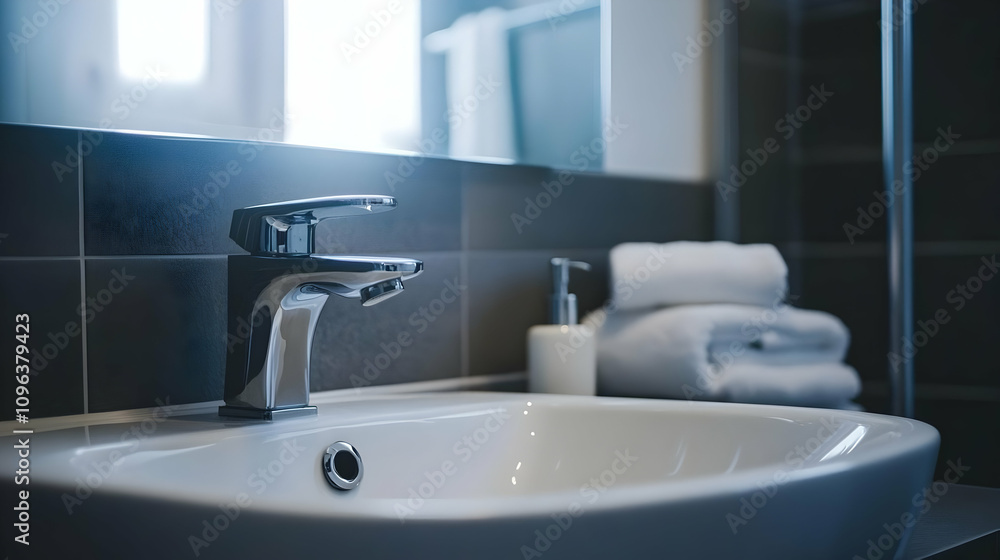 Fototapeta premium Close Up Shot of Modern Bathroom Sink with Elegant Faucet Design