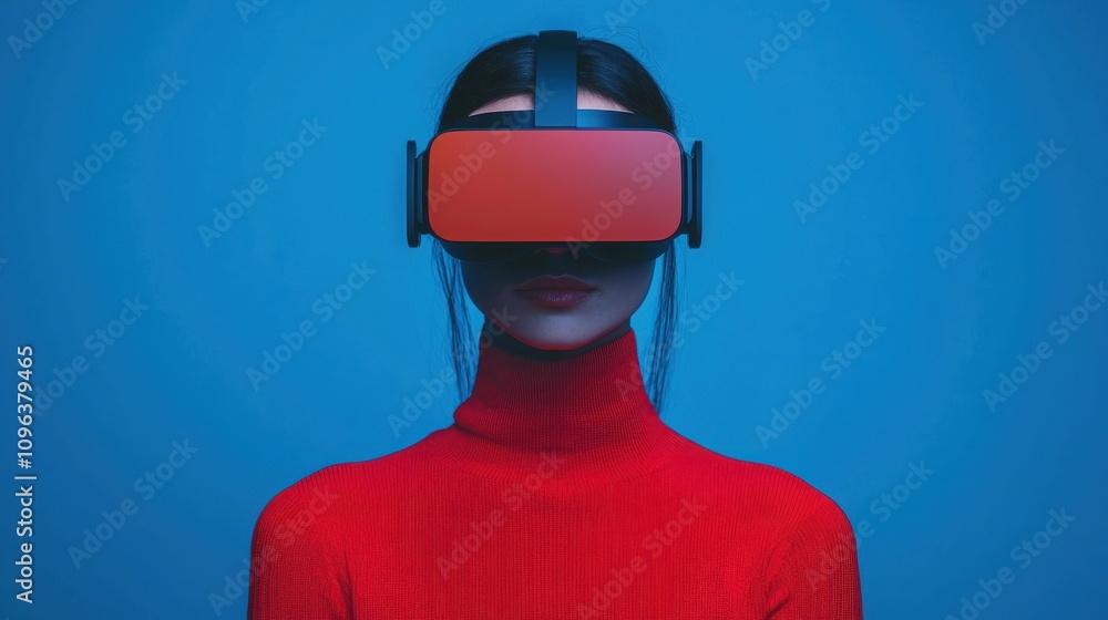 Anti tracking technology concepts. A person wearing VR goggles against a blue background, showcasing a blend of technology and fashion in a vibrant red outfit. Anti tracking technology concepts. A person wearing VR goggles against a blue background, showcasing a blend of technology and fashion in a vibrant red outfit.