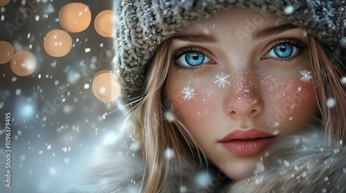 Elegant portrait of a woman in winter style, snowflakes on her face